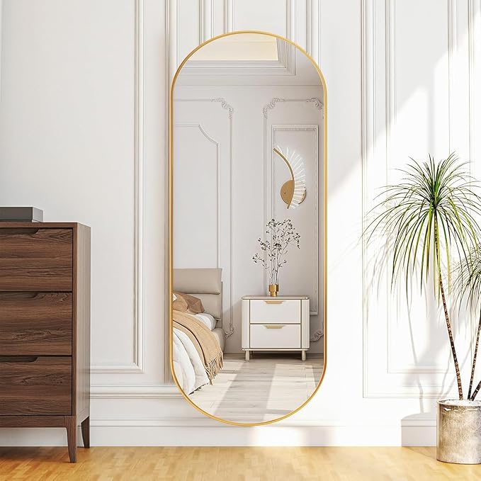 Arched Full Length Floor Mirror, Oval Full Floor Mirror, Large Wall Mounted Arched-Top Body for Living Room, Bedroom, Bathroom, Entryway, Dressing Room (Gold, 64 * 21)