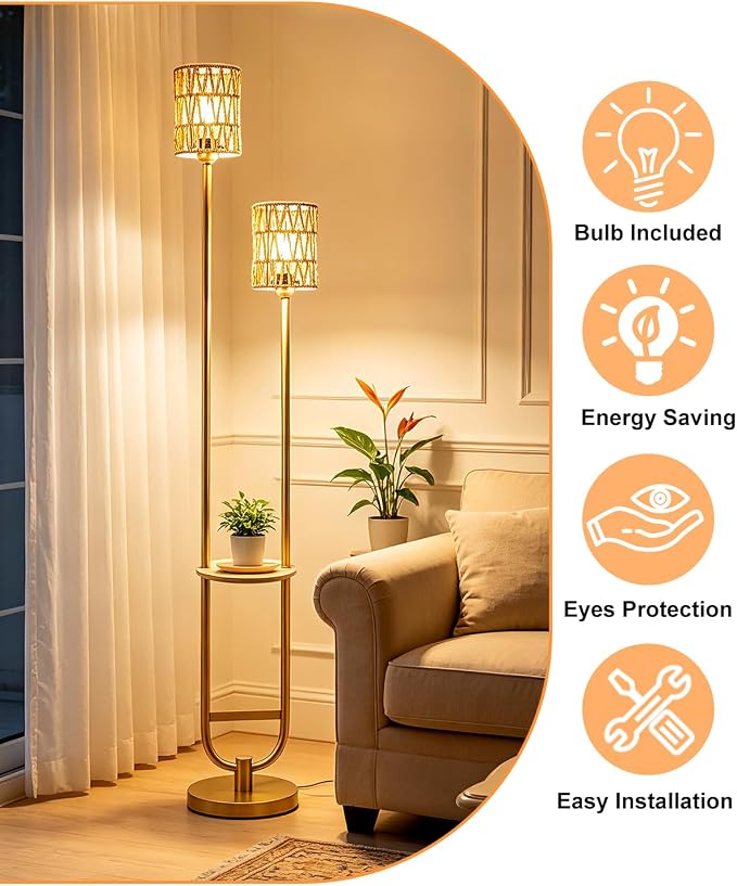 Lightdot 63IN Gold Floor Lamp with Table Mid Century Standing Lamps with Warm White Bulbs Included Unique Vintage Tall Floor Lamp with 5Lbs Heavy Base for Living Room/Party/Sofa Beside/Corner Decor