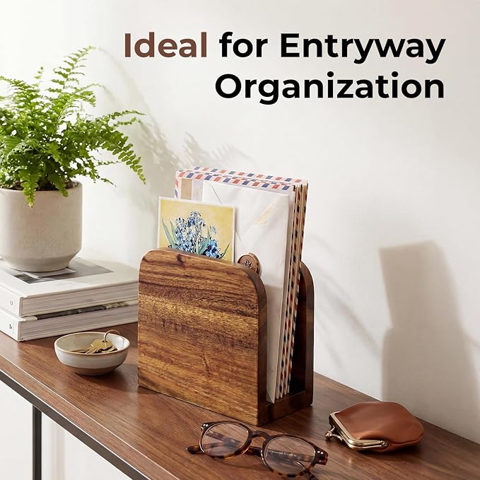 Acacia Wood Mail Organizer Countertop -Small Letter Holder for Desk, Rustic Farmhouse Decor, Upright Bill postcards, and notepads Stand for Entryway & Office，Also Works as Napkin Holder