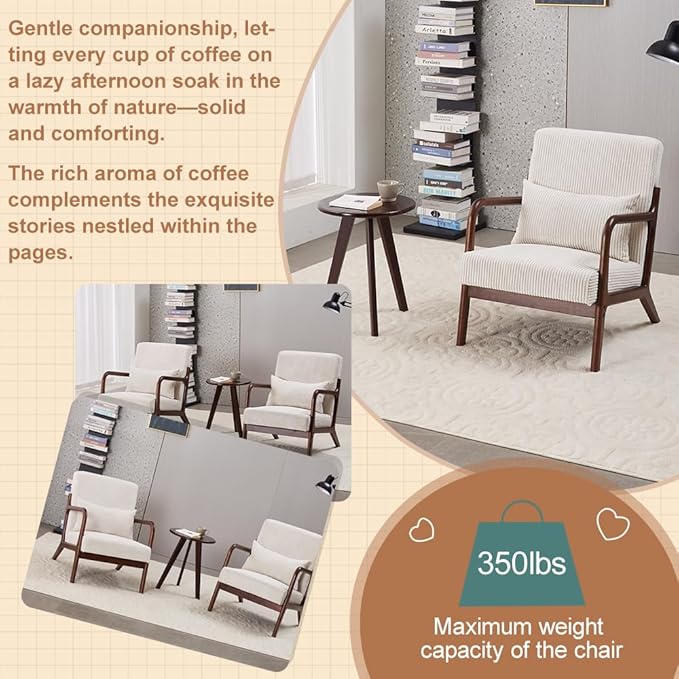 Accent Chairs with Side Table, Mid Century Modern Chair with Pillow, Arm Chair with Solid Wood, Reading Relaxing Leisure Chair for Living Room, Bed Room, Waiting Room, White