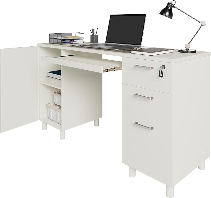 Modern Design Venice Computer Office Desk with 3 Locking Drawers and Storage Cabinet, 53 Inch Home and Office Executive White Desk with Keyboard Tray by Crafts and Comfort