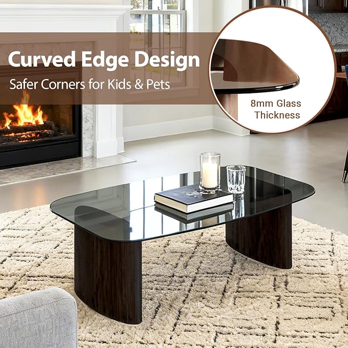 Modern Glass Coffee Table, Coffee Table for Living Room,Tempered Glass-top with Sturdy Wooden Base, Modern Coffee Tables for Small Space, Apartment, Office, Minimalist Design (Walnut)