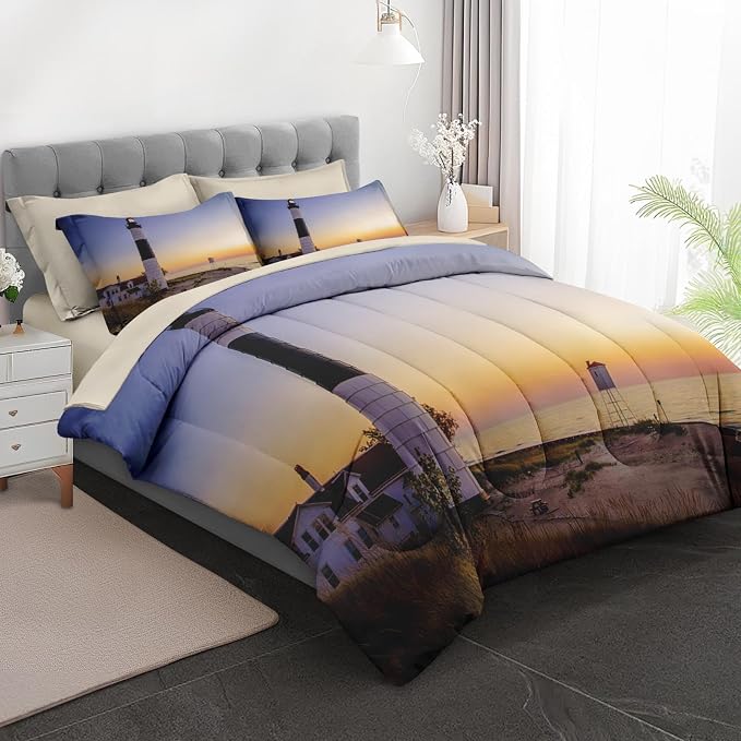 7Pcs Comforter Set Full Size, Coastal Lighthouse Michigan Beach Lake, Bed Decor Sea Ocean House Sunset Seascape Bedroom Bedding Set Flat Sheet Fitted Sheet Pillowcases for Kids and Adults