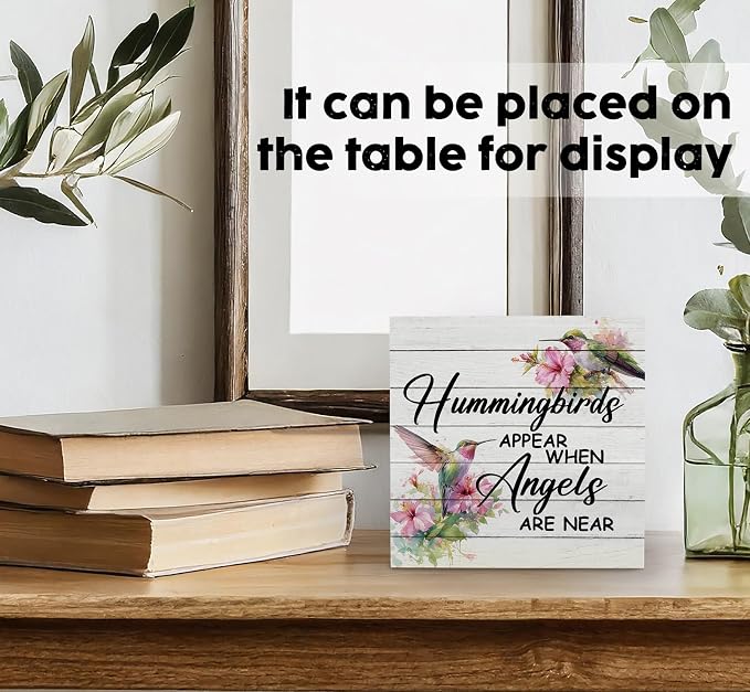 Hummingbird Decor, Hummingbird Gifts For Women, Hummingbirds Appear When Angels Are Near Wooden Box Signs, Farmhouse Floral Bird Wood Decoration Home Decor For Desk Table Shelf 5x5 Inch