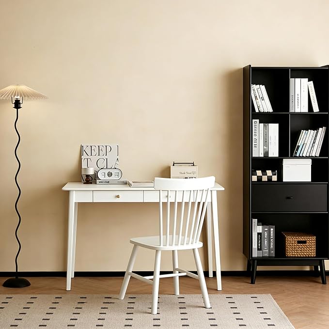 Mid Century Modern Desk, Wood Home Office Computer Desk with 2-Drawers, Vintage Writing Desk Workstation for Study, Bedroom(31.4 inch, White)