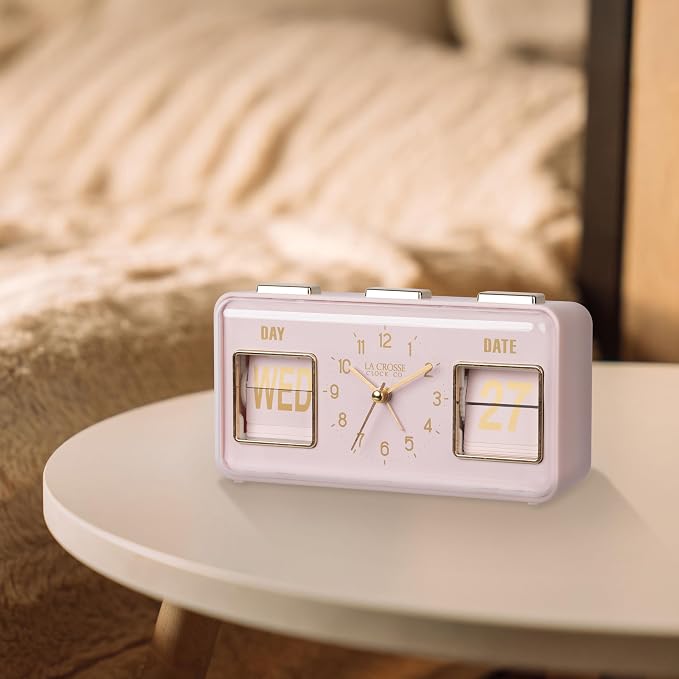 La Crosse Clock 636-379P Daily Flip Pink Tabletop Alarm Clock with Calendar