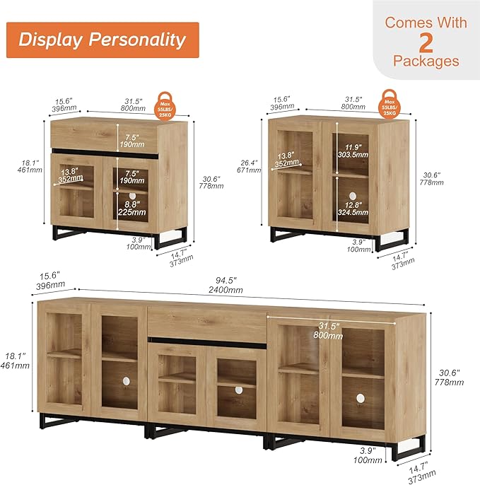 WAMPAT 3 in 1 Modern Sideboard with Adjustable Shelves and Drawer,Storage Cabinet with Glass Doors, Coffee Bar Cabinet for Living Room, Kitchen, Oak