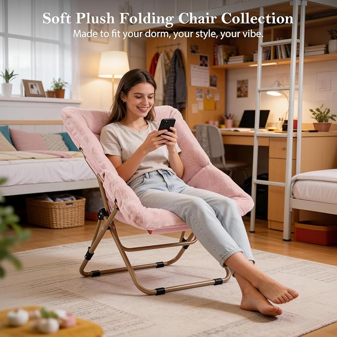 Furlide Modern Pink Faux Fur Foldable Metal Frame Recliner Chair for Bedroom, Living Room, Balcony
