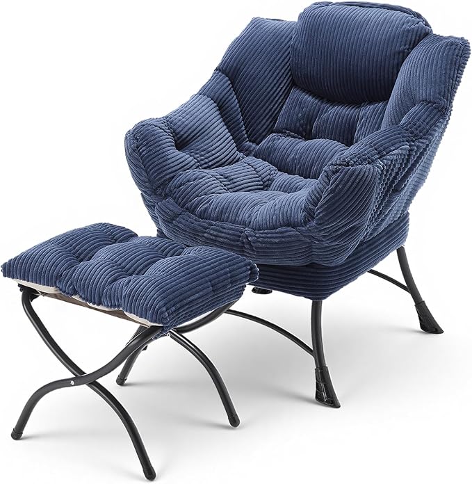 Oversized Lazy Chair with Ottoman for Adults, Chair and Ottoman Set Modern Skinny Lounge Chair with Footrest, Wide Reading Chair for Living Room, Comfy Accent Armchair for Small Spaces, Navy Blue