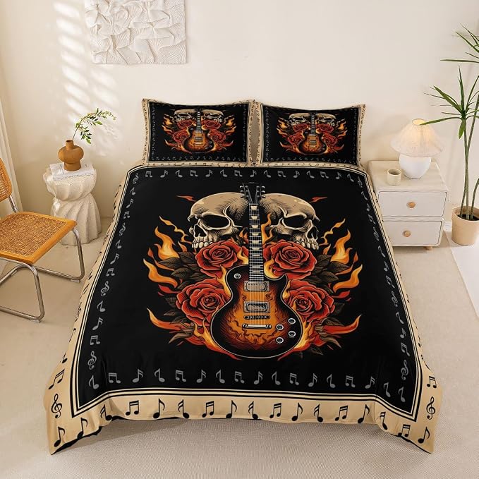 Erosebridal Guitar Rose Duvet Cover Queen for Teens Boys - Floral Gothic Skull Flame Bedding Set Punk Rock Roll Music Comforter Cover,Vintage Musical Notes Bed Set
