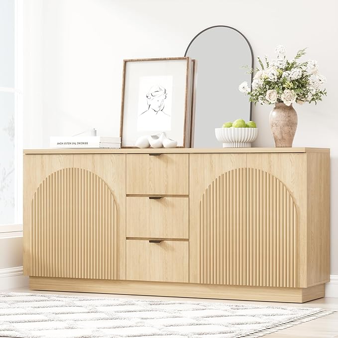 Yechen 67" Fluted Sideboard Buffet Cabinet with 4 Arched Reeded Design Doors &3 Drawers, Mid Century Modern Credenza Storage Cabinet with Adjustable Shelves, for Living Room Dinning Hallway