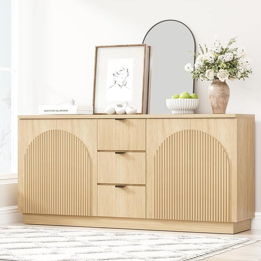 Yechen 67" Fluted Sideboard Buffet Cabinet with 4 Arched Reeded Design Doors &3 Drawers, Mid Century Modern Credenza Storage Cabinet with Adjustable Shelves, for Living Room Dinning Hallway
