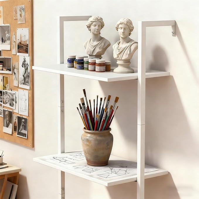 5 Tier Industrial Ladder Bookshelf 15.74" Dx9.44 Wx62.99 H, Wall Mounted Bookcase with Metal Frame for Home Office, Living Room, Study，White