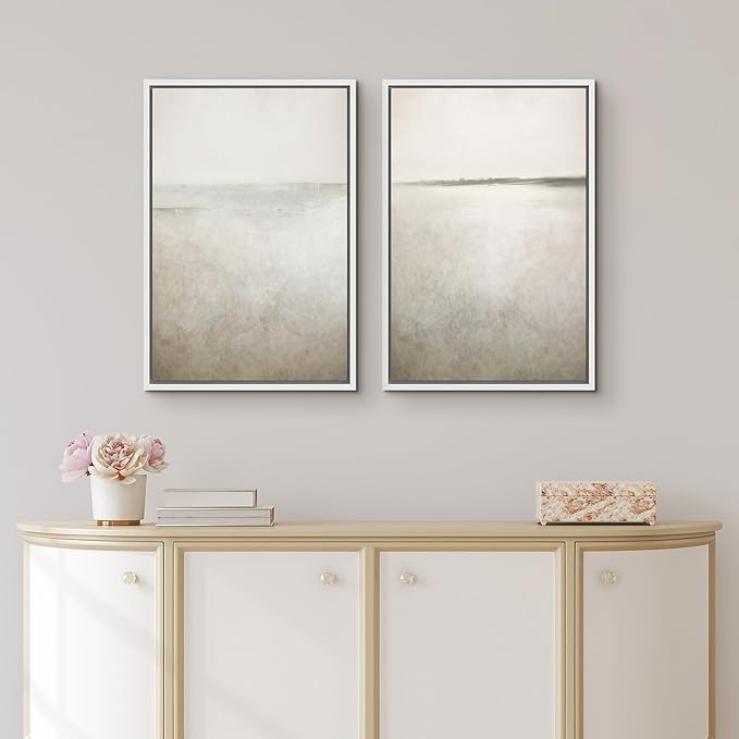 IDEA4WALL Framed Canvas Print Wall Art Set Abstract Sepia Ocean Wave Beach Landscape Nature Wilderness Illustrations Modern Art Decorative Coastal Cottage Seascape for Bedroom - 16"x24"x2 White