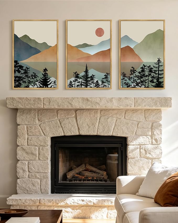 KUVIOKE Watercolor Mountain Framed Wall Art Nature Laker Landscape Painting Sun Rises Boho Farmhouse Rustic Room Decor 16x24in (Natural Framed)