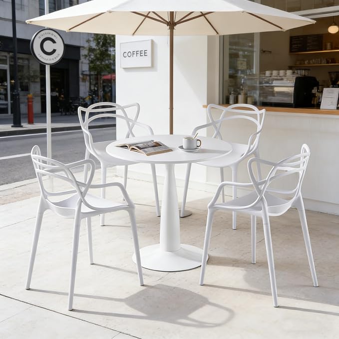31.5" Round Dining Table Set for 4, Mid Century Modern Round Dining Table with 4 Chairs, w/Pedestal, White Coffee Table Set for Kitchen Dining Room, Office, Save Space (with 4 Stacking Chairs)