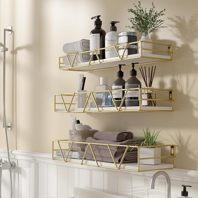 Floating Shelves Set of 3, Home Wood Wall Shelf, Farmhouse Shelf for Bedroom, Wall Mounted Floating Shelf for Living Room, Bedroom, Bathroom, Kitchen, Office (Gold)