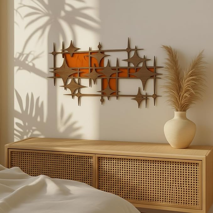 BrightRow Wooden Mid Century Modern Large Starbursts Wall Decor, Retro Starburst Panels Sculpture, 14.96 X 8.82 inch, Abstract Wall Decor Accents for Home Office Living Room