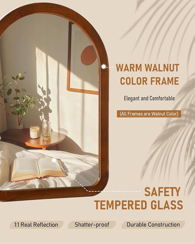 Arched Mirror 22 x 30 Inch,Walnut Brown Wood Rustic Bathroom Tempered Wall Mirror with Wood Frame,Round Corner Arch Farmhouse Wooden Vanity Mirror for Living Room,Entryway or Bedroom