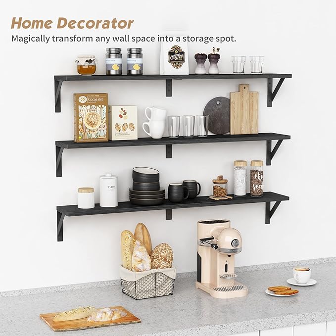Forbena Floating Shelves 36 Inches Long 8 in Deep Set of 3, Large Wall Shelf for Bedroom Books, Heavy Duty Wide Wall Shelving for Living Room Office Kitchen Closet Organizers and Storage (Black)