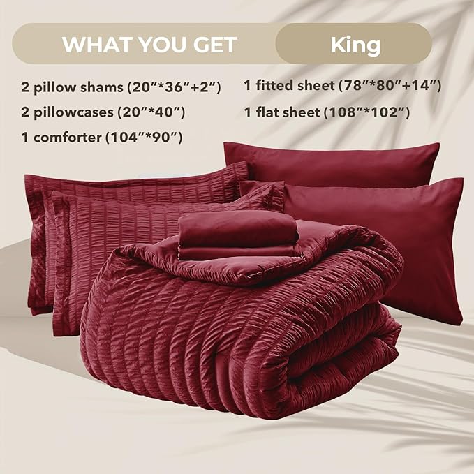 HYMOKEGE Burgundy King Size Comforter Set Seersucker 7 Pieces, All Season Luxury Bed in a Bag for Bedroom, Bedding Set with Comforters, Sheets, Pillowcases & Shams