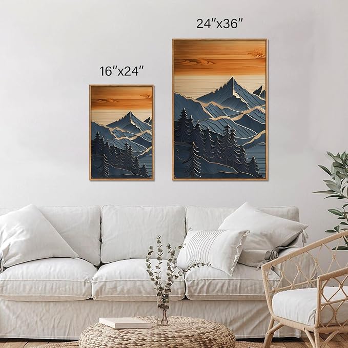 Tinonedraw Large Mountains Framed Canvas Wall Art Set of 3, Boho Nature Woodcut Forest Art Prints, Mid Century Modern Wall Decor, Sunset Landscape Art Paintings for Living Room Bedroom Office 24"x36"