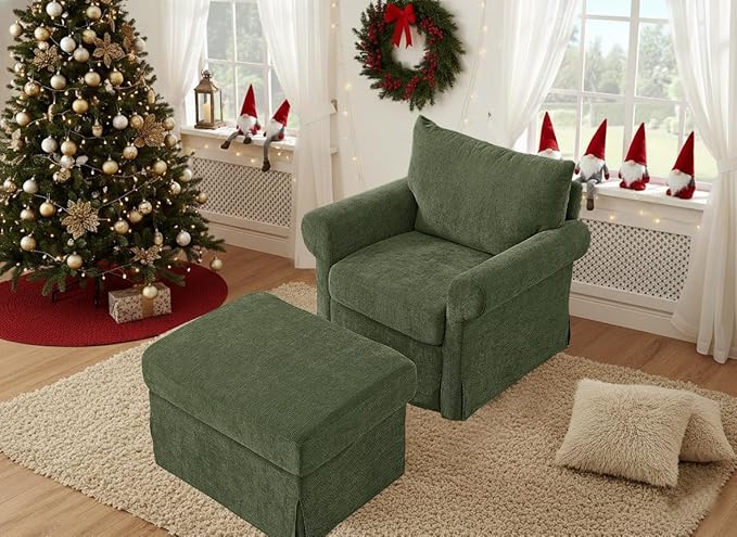 35.8" Chenille Accent Chair with Ottoman Set, Comfy Upholstered Armchair with Rolled Arms, Modern Single Reading Chair for Living Room, Bedroom, Apartment, Green