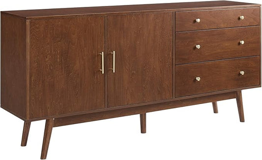 Walker Edison Mid-Century Modern Wood Kitchen Buffet Sideboard Entryway Serving Storage Cabinet Doors Dining Room Console, 70 Inch, Walnut