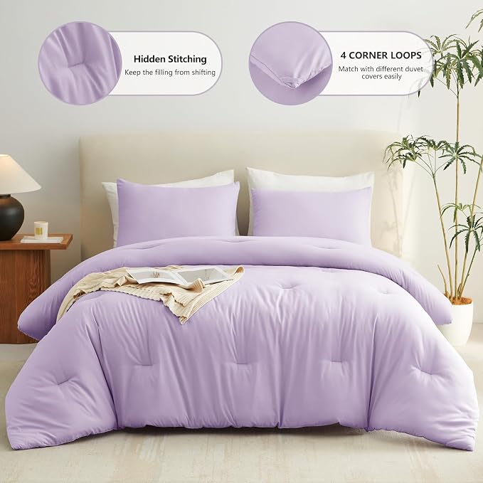 CozyLux Full Size Comforter Set Lavender, 3 Pieces Lightweight Down Alternative Quilted Bedding Sets, Light Purple All Season Soft Breathable Solid Comforter with 2 Pillowcases, Bed Set Gift for Home