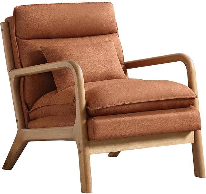 Mid Century Modern Accent Chair Set of 2, Upholstered Lounge Armchair with Plump Back Pillow, Comfy Reading Chair with Solid Wood Frame for Bedroom Living Room, Brown