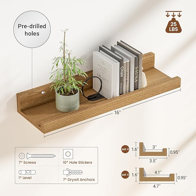 Heimlove 16 Inch Picture Ledge Shelf with Lip Set of 8,Oak Floating Shelves for Wall,Wall Shelves in Varying Depths for Living Room Bedroom Bookshelf Photo Frames Nursery Book Shelves for Storage