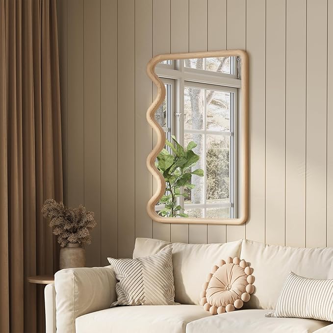 ULIKE Wavy Mirror for Wall, Rustic Wood Mirror for Bathroom Vanity, 24x36 Wooden Wall Mirrors Decorative for Bedroom, Living Room, Entryway, Natural