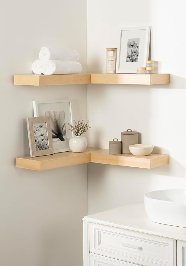 Kate and Laurel Havlock Modern Wood Two-Piece Floating Corner Shelf Set, 26 x 8 x 3, Natural Wood, Wooden Corner Kitchen Shelving with Unique Geometric Shape for Living Room Decor or Entryway Storage