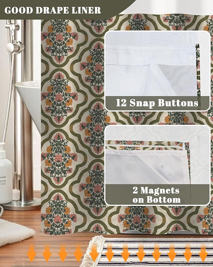 No Hook Shower Curtain and Snap in Liner Set - Vintage Floral Damask Pattern Shower Curtains for Modern Farmhouse & Traditional Bathroom, Mesh Top Waterproof Bath Tub Curtain, 71Wx74H