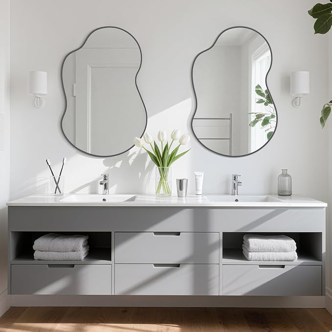 HOMECOOKIN 36" H x 24" W Irregular Wall Mirror, Asymmetrical Decorative Mirror with Black Aluminum Frame, Wavy Abstract Black Mirror, for Living Room, Bedroom, Bathroom, Entryway, Cloakroom