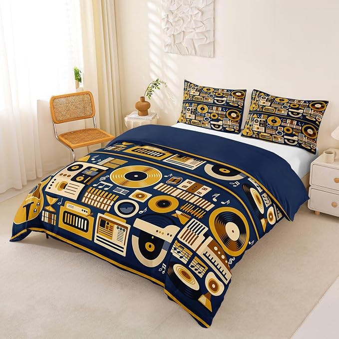 Erosebridal Retro Music Comforter Cover King for Boys Men - Vinyl Record Rock Roll Bedding Set Musical Notes Instrument Duvet Cover,Modern Vintage Music Art Bed Set