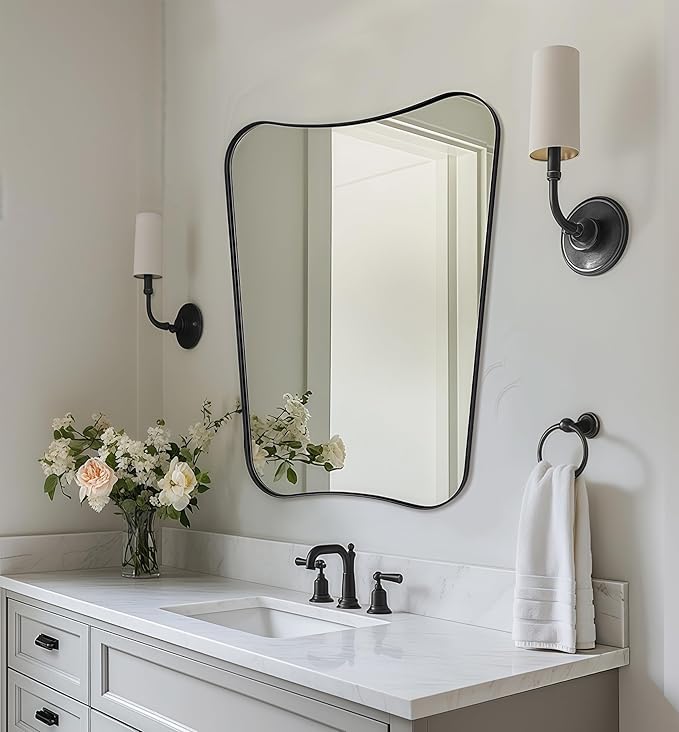 MIRRORTART Contemporary Black Bathroom Wall Mirrors, 22x30'' Asymmetrical Scalloped Butterfly Rectangle Mirror in Stainless Steel Metal Frame for Home Decor Wall Mounted Vertical Only