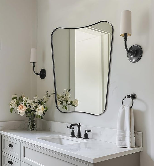 MIRRORTART Contemporary Black Bathroom Wall Mirrors, 22x30'' Asymmetrical Scalloped Butterfly Rectangle Mirror in Stainless Steel Metal Frame for Home Decor Wall Mounted Vertical Only