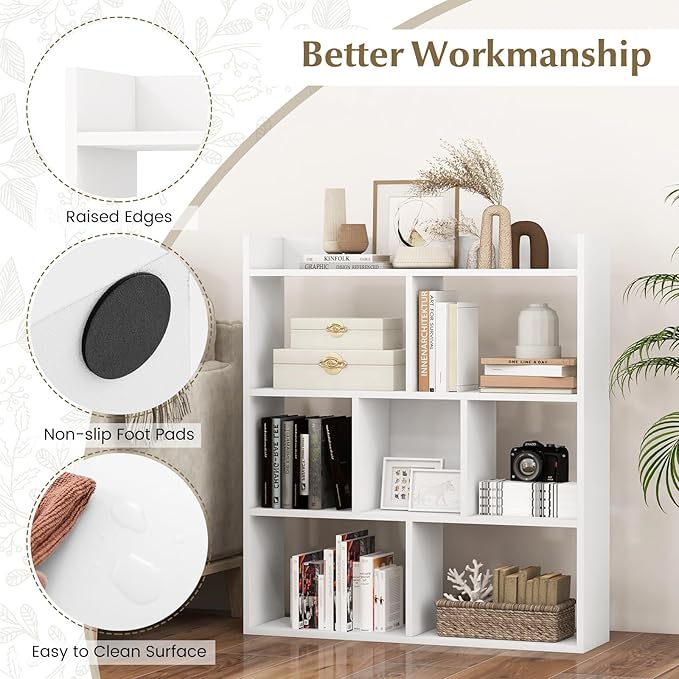 Giantex 7 Cube Bookshelf, Free-Standing Wooden Bookcase, 4 Tier Home Display Shelf, Horizontal Storage Unit w/Anti-Toppling Devices, Open-Back Display Rack for Study, Office, Living Room, White