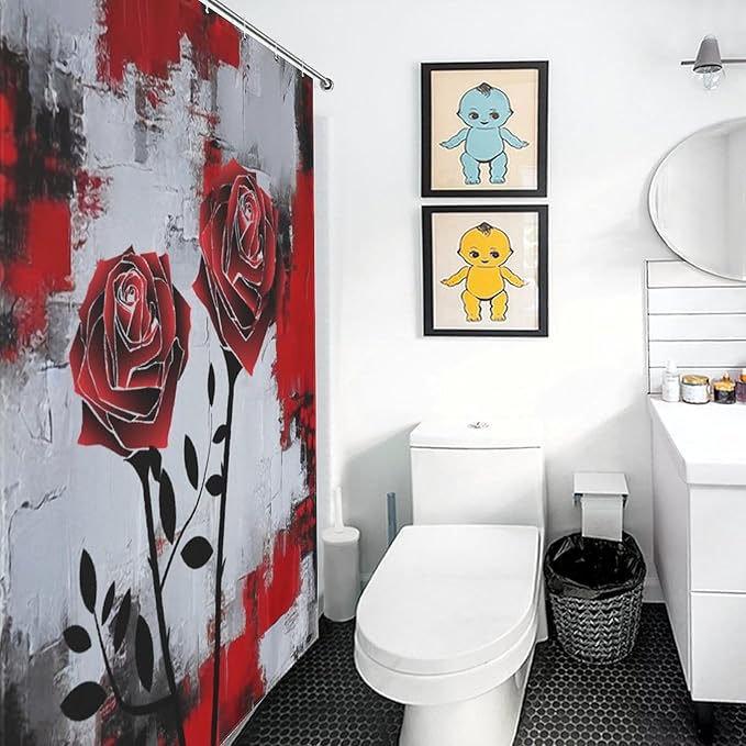 Red Rose Abstract Shower Curtain Nature Red Rose Floral Valentine's Day Artistic Waterproof Shower Curtains for Bathroom Decor 12 Pack Hooks 66x72in（168x183cm）