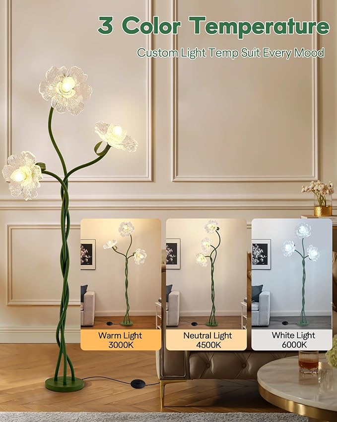 Flower Floor Lamp for Living Room, 3 Light Floor Lamps with Adjustable Gooseneck, Standing Lamp for Bedroom with 3 Color Temperatures, Tall Corner Floor Lamp for Living Room, Bedroom—Green