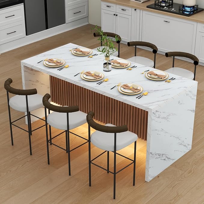 71" Large Imitation Marble Dining Table for 6-8 People, Island Table with LED Lights, Mordern Marble Stripes Kitchen Dining Table with Grille design for Dining Room, Home, Office, Living Room（white）