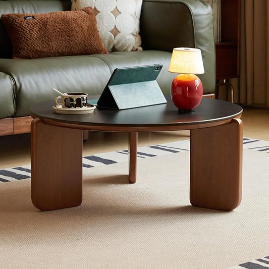 YESWOOD Round Coffee Table, Wood Coffee Table Side Table with Sintered Stone Top, Mid Century Morden Table,Small Coffee Table Living Room Table for Bedroom Balcony Living Room (31.5" D x 13.8" H)