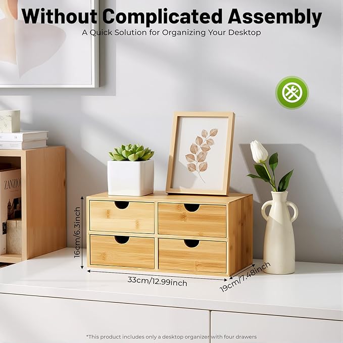 Bamboo Desk Organizer Small Retro Bamboo Tabletop Storage Box with Drawers& Recess Handles for Office Home Supplies Table Storage Collector 13 * 7.5 * 6in (4 Drawers)