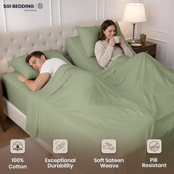 SGI Split King Sheet Set for Adjustable Bed Egyptian Premium Cotton 600 Thread Count Sheets for Sleep Number Bed 15" Deep Pocket 5 Pc Set with 2 Twin XL Fitted Sheets Soft Breathable -Moss