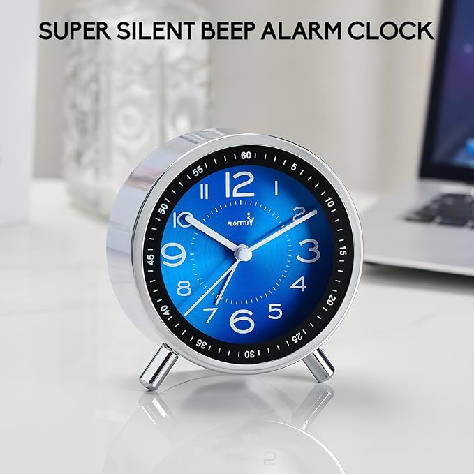 FLOITTUY Super Silent Metal Alarm Clock,Beep Wake Round Alarm Clock with Strip Night Light,Battery Operated,Easy Set,Simple & Retro for Desk, Bedroom and Home Decoration(Royal Blue)