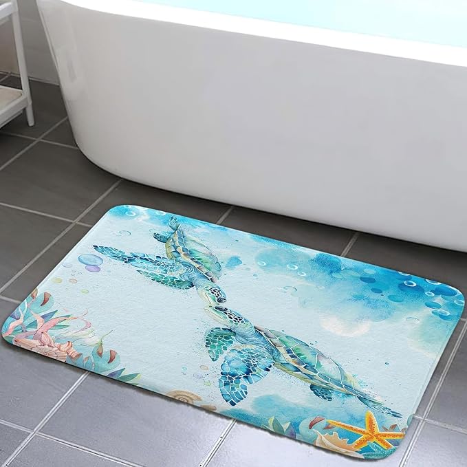 DYNH Turtle Bathroom Rugs, Sea Turtle Bathroom Rugs, Tropical Marine Animals Blue Ocean Underwater Seashell Nautical Turtle Beach Non Slip Bath Rug/Floor Mat,17X48IN