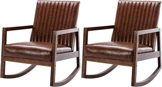 VESCASA Upholstered Rocking Chairs with Channel-Tufted Back, Mid-Century Modern Comfy Oil Wax PU Leather Rockers with Black Walnut Wood Frame for Nursery Living Bedroom Indoor, Set of 2, Brown