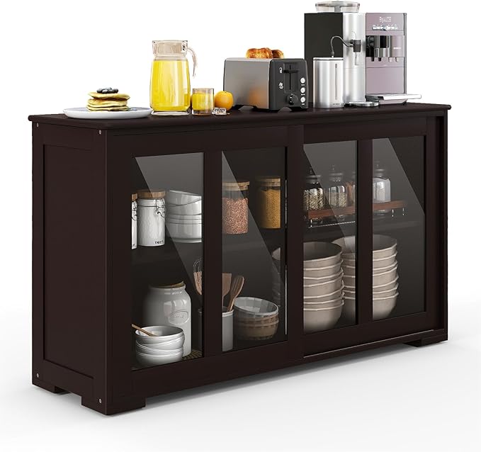Buffet Cabinet with Storage, Kitchen Sideboard with Sliding Glass Doors, Credenzas Storage Cabinet with Adjustable Shelf, Stackable Kitchen Cupboard for Dining Room Coffee Bar