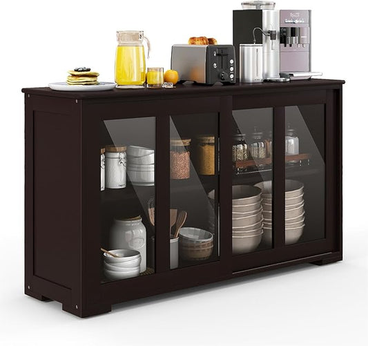 Buffet Cabinet with Storage, Kitchen Sideboard with Sliding Glass Doors, Credenzas Storage Cabinet with Adjustable Shelf, Stackable Kitchen Cupboard for Dining Room Coffee Bar